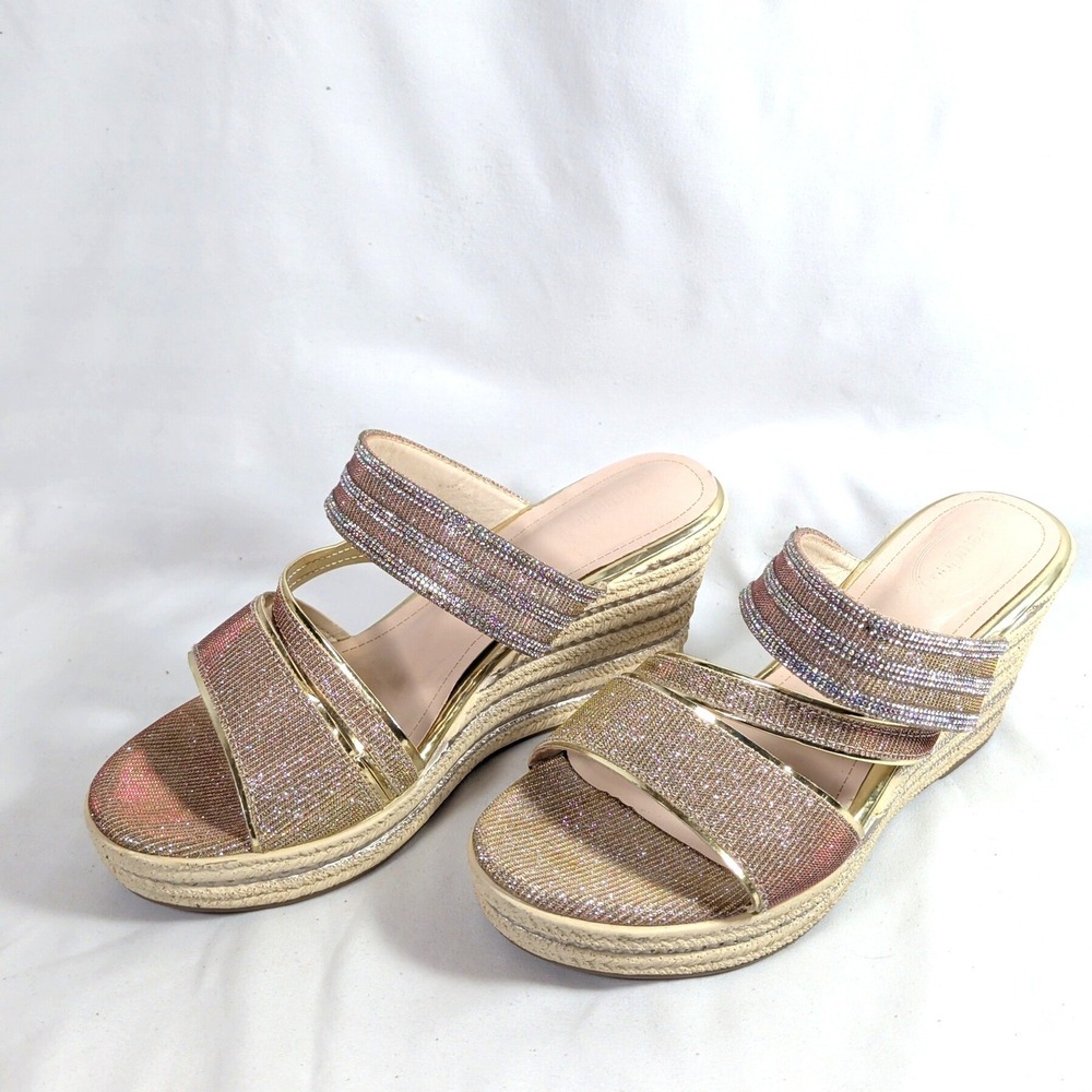 Perugino Gold Wedge Sandals; Rhinestone Embellished Espadrille Slides